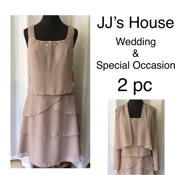JJ’s House Special Occasion Dress With Built In Bra & Bolero Taupe Size 10 - Picture 1 of 11